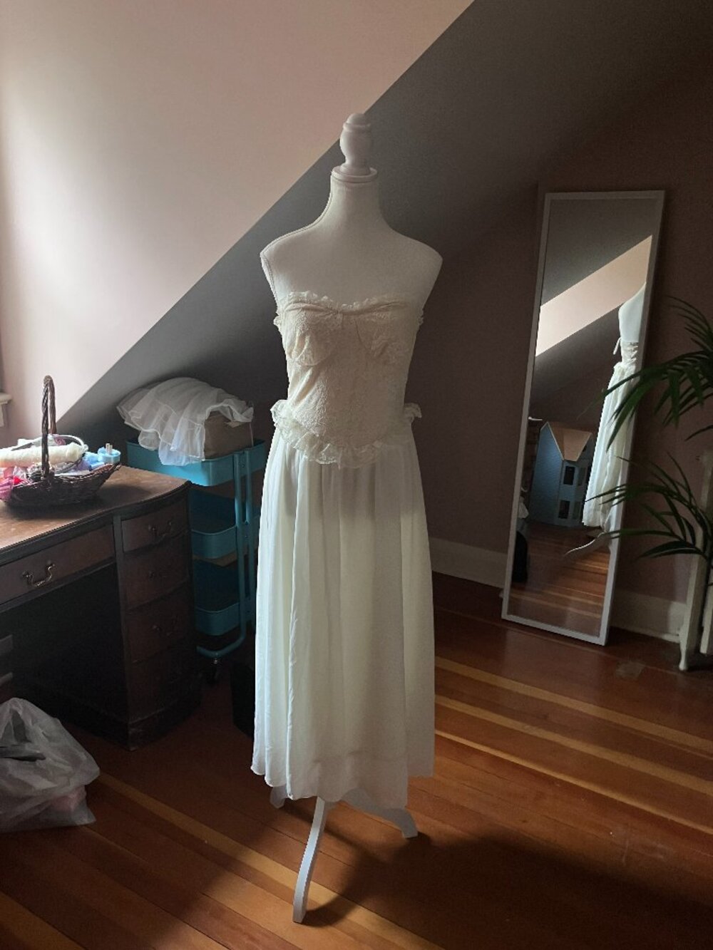 White ruffled princess dress strapless long tea length gown